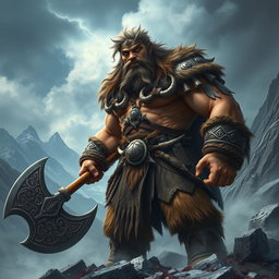 A fierce Barbarian Goliath stands in a rugged, mountainous landscape, his muscular frame towering over the scene