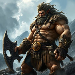A fierce Barbarian Goliath stands in a rugged, mountainous landscape, his muscular frame towering over the scene