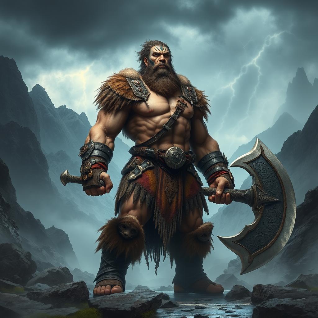 A fierce Barbarian Goliath stands in a rugged, mountainous landscape, his muscular frame towering over the scene