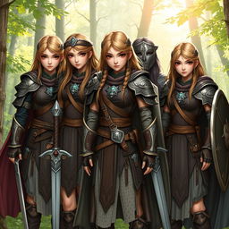 A group of European girls dressed in detailed warrior attire, showcasing a blend of traditional and fantasy elements