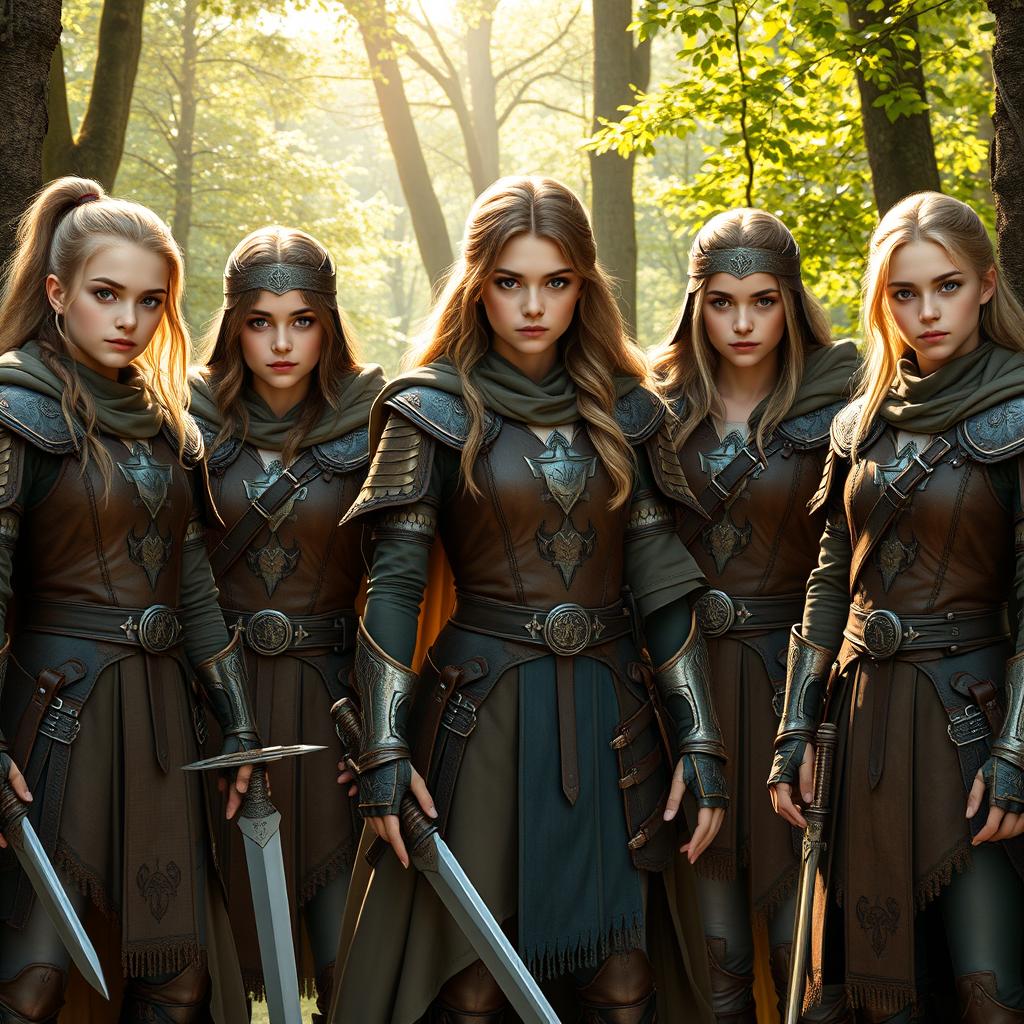 A group of European girls dressed in detailed warrior attire, showcasing a blend of traditional and fantasy elements