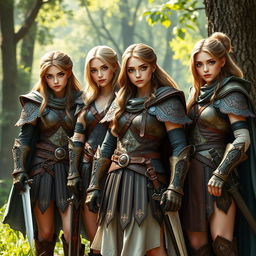 A group of European girls dressed in detailed warrior attire, showcasing a blend of traditional and fantasy elements