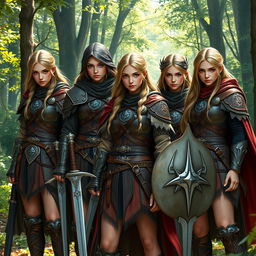 A group of European girls dressed in detailed warrior attire, showcasing a blend of traditional and fantasy elements