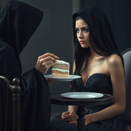 A photographic image capturing a beautiful and stunning young woman with long black hair and crystal blue eyes, tearfully crying