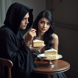 A photographic image capturing a beautiful and stunning young woman with long black hair and crystal blue eyes, tearfully crying