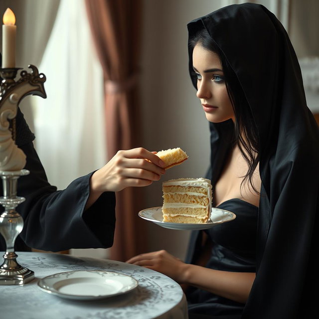 A photographic image capturing a beautiful and stunning young woman with long black hair and crystal blue eyes, tearfully crying