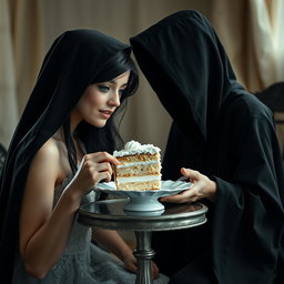 A photographic image capturing a beautiful and stunning young woman with long black hair and crystal blue eyes, tearfully crying