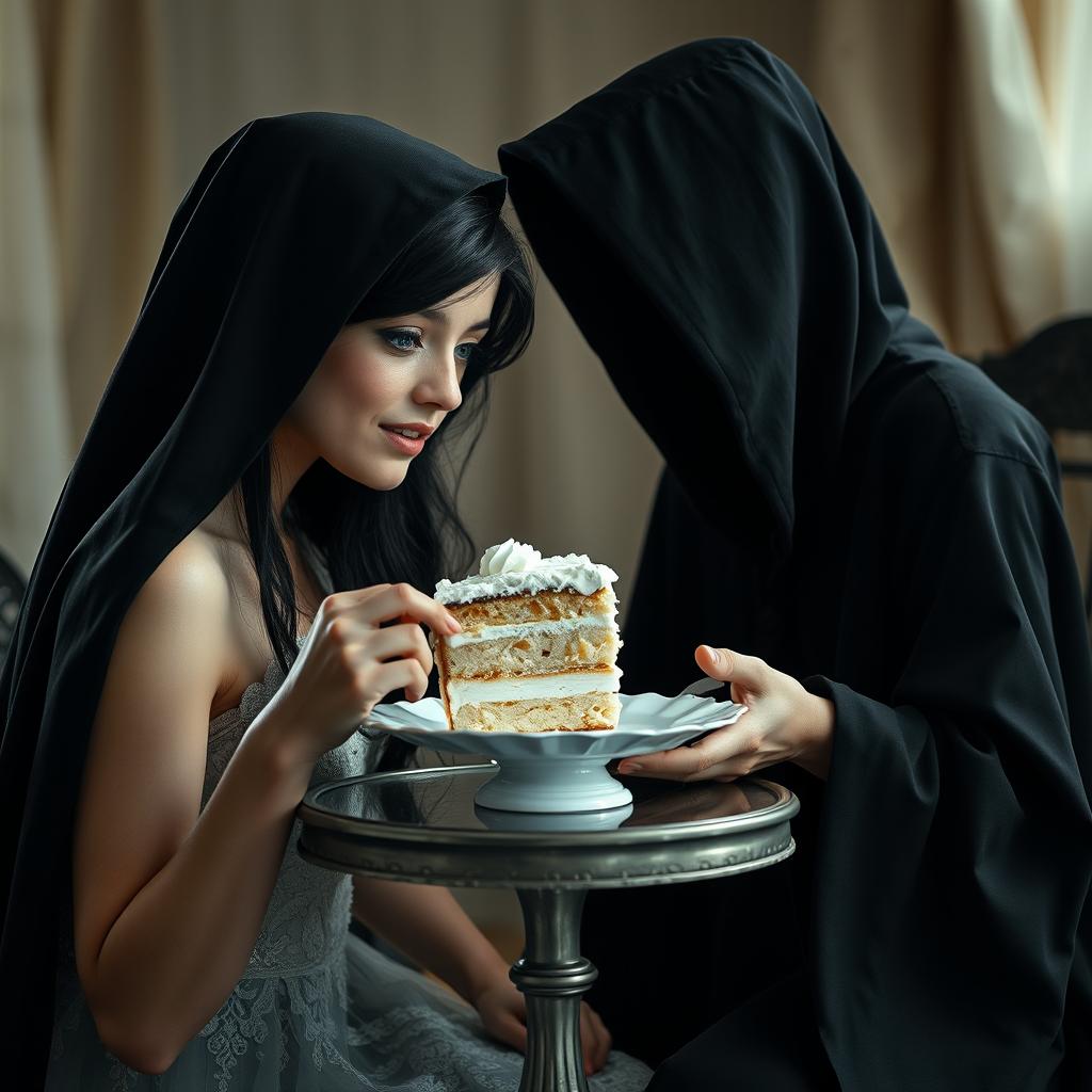 A photographic image capturing a beautiful and stunning young woman with long black hair and crystal blue eyes, tearfully crying