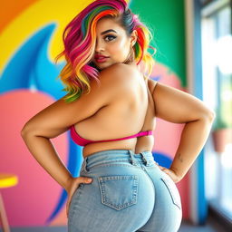 A cute Latina woman with vibrant rainbow hair, featuring oversized breasts that struggle to fit within a snug bikini top