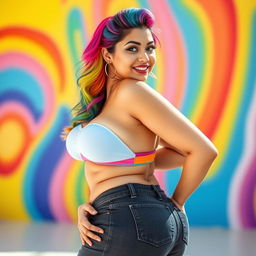 A cute Latina woman with vibrant rainbow hair, featuring oversized breasts that struggle to fit within a snug bikini top