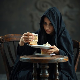 A photographic image depicting a beautiful and stunning young woman with long black hair and striking crystal blue eyes, who is crying softly