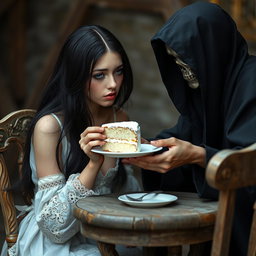 A photographic image depicting a beautiful and stunning young woman with long black hair and striking crystal blue eyes, who is crying softly