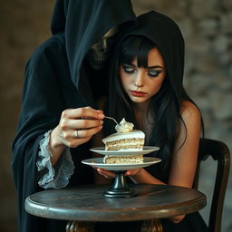 A photographic image depicting a beautiful and stunning young woman with long black hair and striking crystal blue eyes, who is crying softly