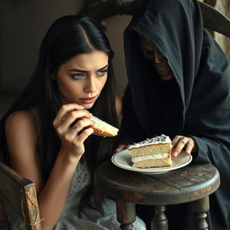 A photographic image depicting a beautiful and stunning young woman with long black hair and striking crystal blue eyes, who is crying softly