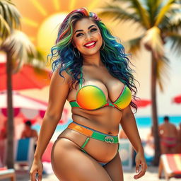 A vibrant scene featuring a cute Latina woman with rainbow-colored hair, showcasing her lively personality