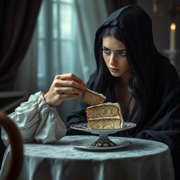 A photographic image featuring a beautiful and stunning young woman with long, flowing black hair and striking crystal blue eyes, tearfully crying