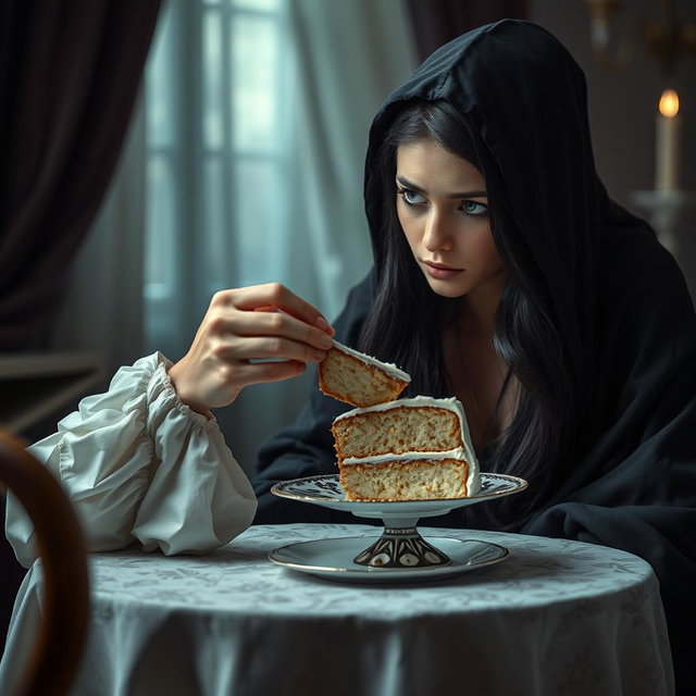 A photographic image featuring a beautiful and stunning young woman with long, flowing black hair and striking crystal blue eyes, tearfully crying