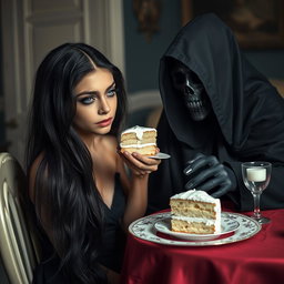 A photographic image featuring a beautiful and stunning young woman with long, flowing black hair and striking crystal blue eyes, tearfully crying