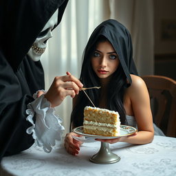 A photographic image featuring a beautiful and stunning young woman with long, flowing black hair and striking crystal blue eyes, tearfully crying