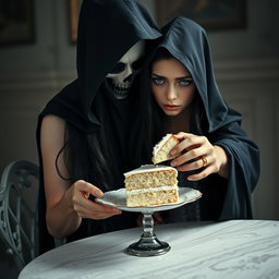 A photographic image featuring a beautiful and stunning young woman with long, flowing black hair and striking crystal blue eyes, tearfully crying