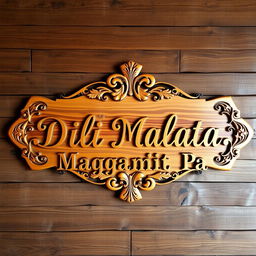 A beautifully crafted wooden sign with intricate carvings, featuring the labels 'Malata', 'Dili Malata', and 'Maggamit Pa' artistically arranged