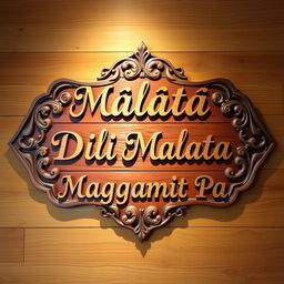 A beautifully crafted wooden sign with intricate carvings, featuring the labels 'Malata', 'Dili Malata', and 'Maggamit Pa' artistically arranged