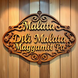 A beautifully crafted wooden sign with intricate carvings, featuring the labels 'Malata', 'Dili Malata', and 'Maggamit Pa' artistically arranged