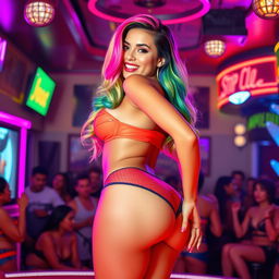 Inside a colorful and energetic strip club, a cute Latina woman with vibrant rainbow-colored hair is the center of attention