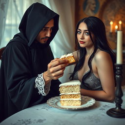 A photographic image featuring a beautiful and stunning young woman with a fuller figure, long black hair, and striking crystal blue eyes, tearfully crying