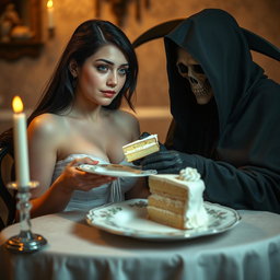 A photographic image featuring a beautiful and stunning young woman with a fuller figure, long black hair, and striking crystal blue eyes, tearfully crying