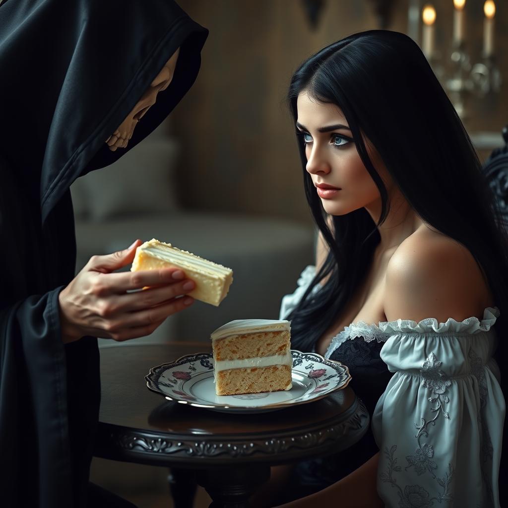 A photographic image featuring a beautiful and stunning young woman with a fuller figure, long black hair, and striking crystal blue eyes, tearfully crying