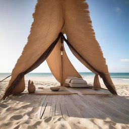 A unique architectural tent masterfully constructed from driftwood and Corten metal, stationed on a tranquil beach presenting an alluring contrast between natural materials and the ocean backdrop.