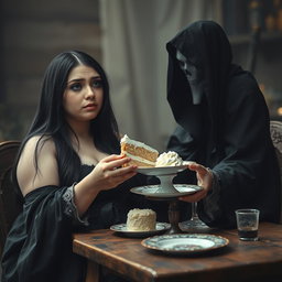 A photographic image showcasing a fat, beautiful, stunning young woman with long black hair and captivating crystal blue eyes, tearfully crying