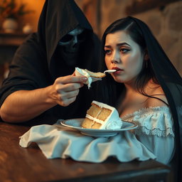 A photographic image showcasing a fat, beautiful, stunning young woman with long black hair and captivating crystal blue eyes, tearfully crying