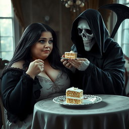 A photographic image showcasing a fat, beautiful, stunning young woman with long black hair and striking crystal blue eyes, tearfully crying