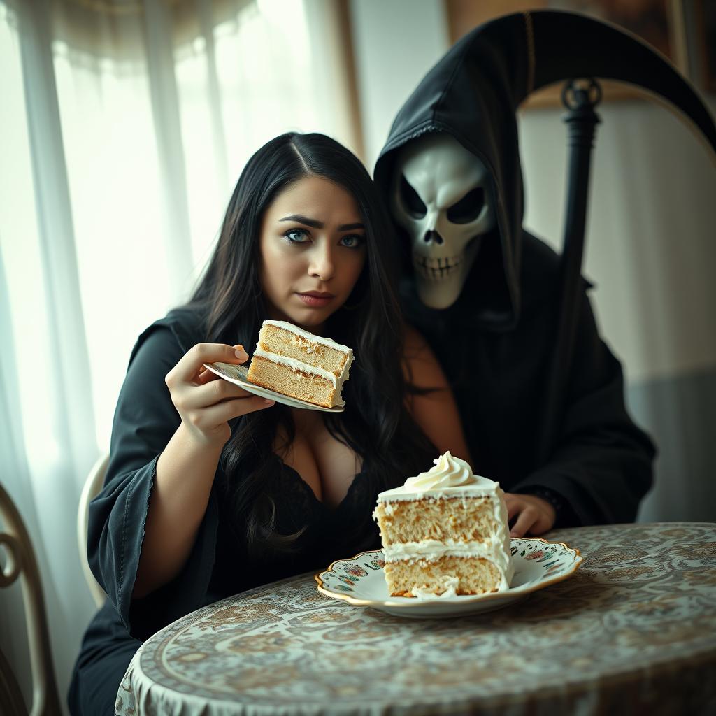 A photographic image showcasing a fat, beautiful, stunning young woman with long black hair and striking crystal blue eyes, tearfully crying