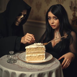 A photographic image showcasing a fat, beautiful, stunning young woman with long black hair and striking crystal blue eyes, tearfully crying