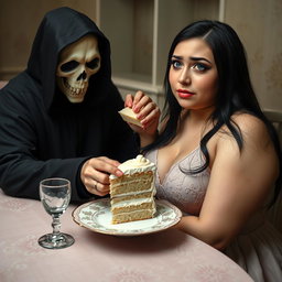 A photographic image showcasing a fat, beautiful, stunning young woman with long black hair and striking crystal blue eyes, tearfully crying