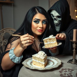 A photographic image capturing a fat, beautiful, stunning young woman with long black hair and striking crystal blue eyes, adorned with frosted pastel blue eye shadow, thick black eyeliner, voluminous black mascara, and long eyelashes