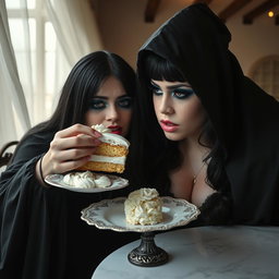 A photographic image capturing a fat, beautiful, stunning young woman with long black hair and striking crystal blue eyes, adorned with frosted pastel blue eye shadow, thick black eyeliner, voluminous black mascara, and long eyelashes