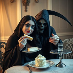 A photographic image capturing a fat, beautiful, stunning young woman with long black hair and striking crystal blue eyes, adorned with frosted pastel blue eye shadow, thick black eyeliner, voluminous black mascara, and long eyelashes