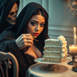 A photographic image capturing a fat, beautiful, stunning young woman with long black hair and striking crystal blue eyes, adorned with frosted pastel blue eye shadow, thick black eyeliner, voluminous black mascara, and long eyelashes