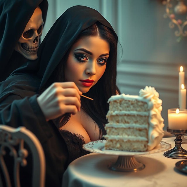 A photographic image capturing a fat, beautiful, stunning young woman with long black hair and striking crystal blue eyes, adorned with frosted pastel blue eye shadow, thick black eyeliner, voluminous black mascara, and long eyelashes