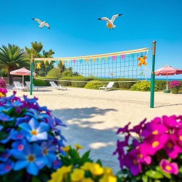A charming and colorful volleyball court set in a scenic outdoor environment