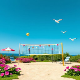 A charming and colorful volleyball court set in a scenic outdoor environment