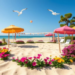 A charming and colorful volleyball court set in a scenic outdoor environment