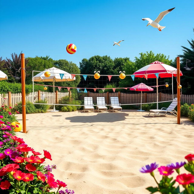 A charming and colorful volleyball court set in a scenic outdoor environment