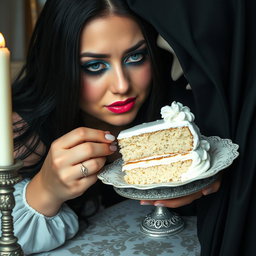 A photographic image depicting a fat, beautiful, stunning young woman with long black hair and striking crystal blue eyes, accentuated by frosted pastel blue eye shadow, thick black eyeliner, voluminous black mascara, and long eyelashes