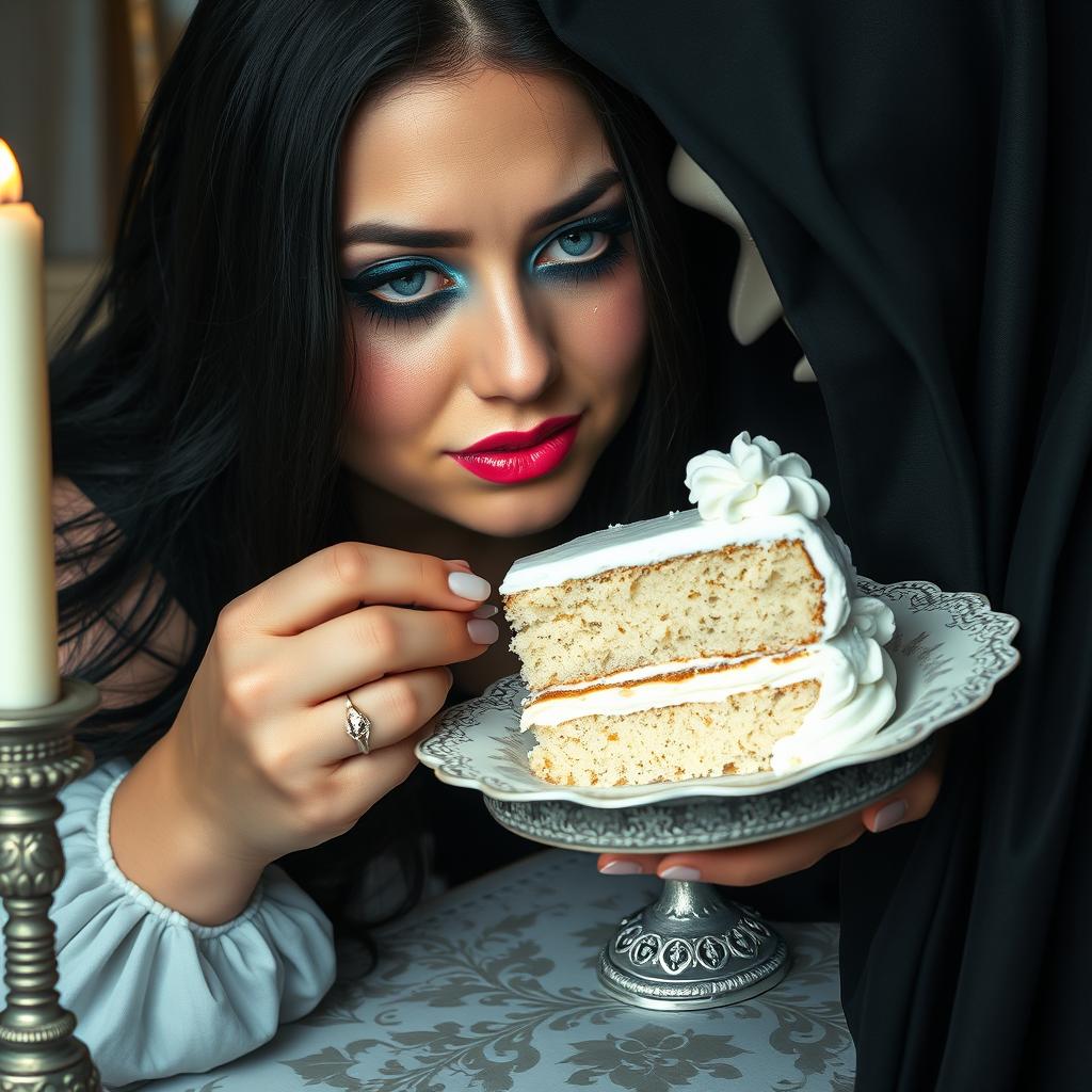 A photographic image depicting a fat, beautiful, stunning young woman with long black hair and striking crystal blue eyes, accentuated by frosted pastel blue eye shadow, thick black eyeliner, voluminous black mascara, and long eyelashes