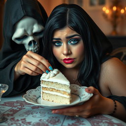 A photographic image depicting a fat, beautiful, stunning young woman with long black hair and striking crystal blue eyes, accentuated by frosted pastel blue eye shadow, thick black eyeliner, voluminous black mascara, and long eyelashes